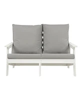 Loveseat with Cushion, Wood Grain Outdoor Garden Sofa, White/Grey
