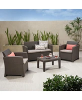 Modern Outdoor Chat Set Wicker Resin, Comfortable Cushions, Seating for Four