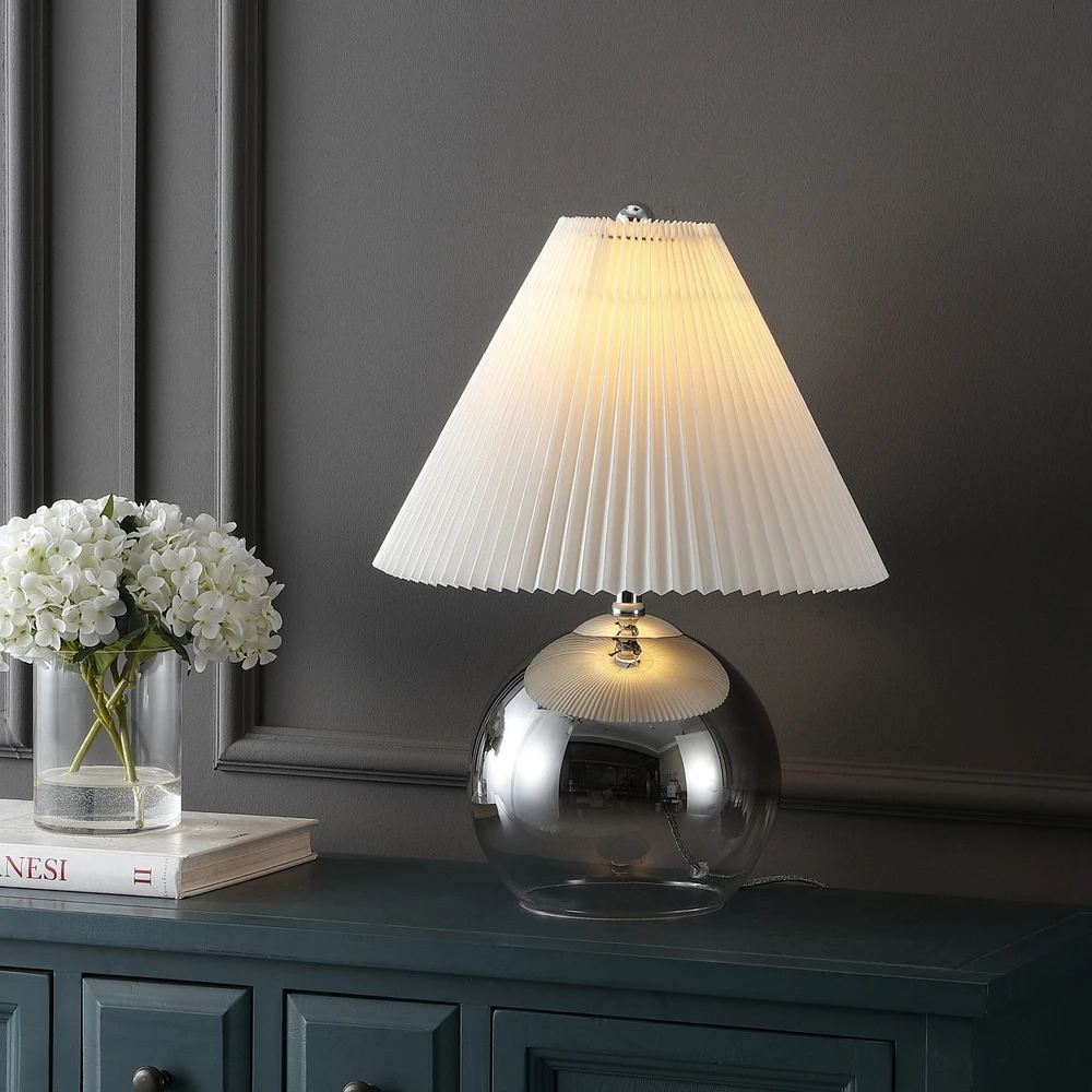 Jonathan Y Louisa 22.5" Mid-Century Modern Round Glass/Iron Pleated Shade Led Table Lamp, Smoke Gradient/Chrome