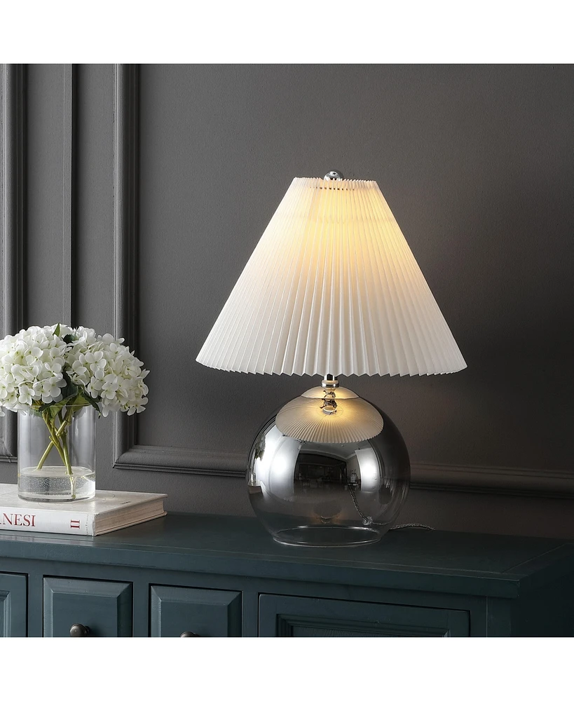 Jonathan Y Louisa 22.5" Mid-Century Modern Round Glass/Iron Pleated Shade Led Table Lamp, Smoke Gradient/Chrome