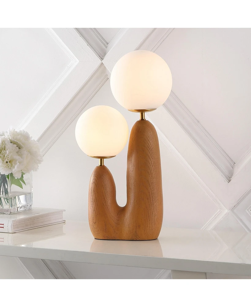 Jonathan Y Oda 17.75" 2-Light Modern Bohemian Resin/Iron/Frosted Glass Danish Cactus Led Table Lamp, Brown Wood Finish