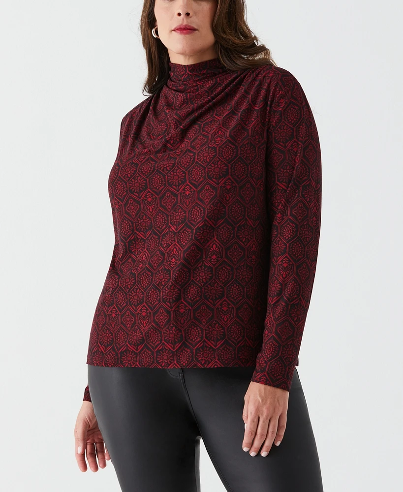 Ella Rafaella Plus Size Honeycomb Mosaic Print Ruched Mock Neck Top