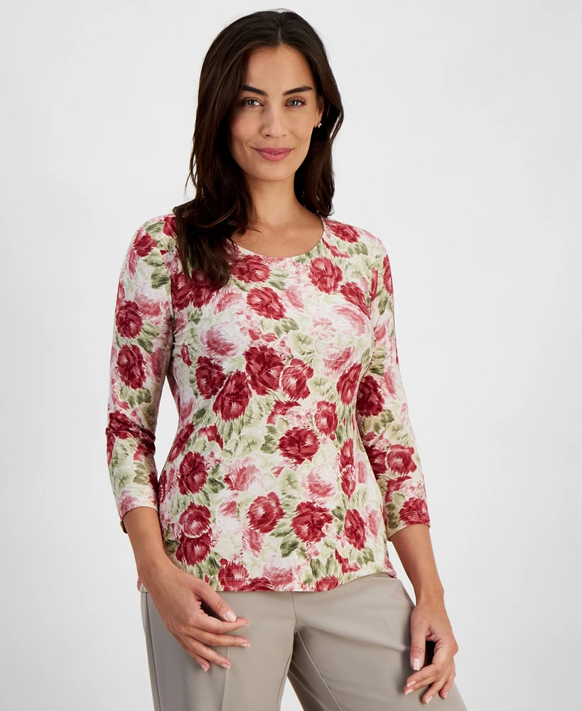 Jm Collection Petite Rosette-Bloom 3/4-Sleeve Jacquard Top, Created for Macy's