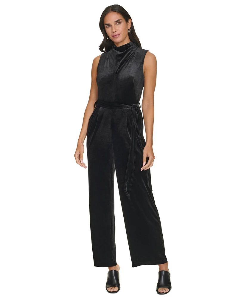 Calvin Klein Women's Tie-Waist Velvet Sleeveless Jumpsuit