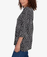 Ruby Rd. Petite Ring Neck Medallion Puff Printed Knit Top with Asymmetric Hem