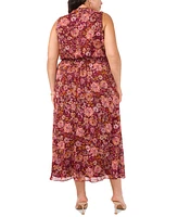 Msk Plus Floral Chiffon Smocked-Waist Tie-Neck Dress