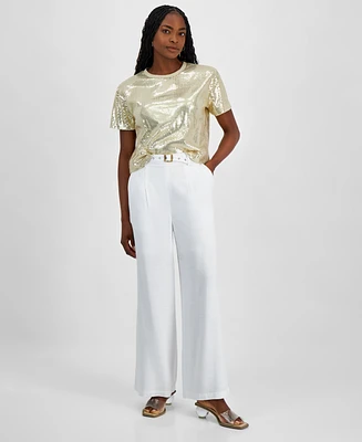 Bar Iii Women's Belted High-Rise Wide-Leg Pants, Exclusively at Macy's