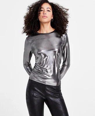 Bar Iii Petite Ruched Long-Sleeve Metallic Top, Created for Macy's