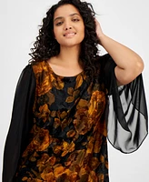 Connected Plus Sheer-Sleeve Printed Velvet Dress