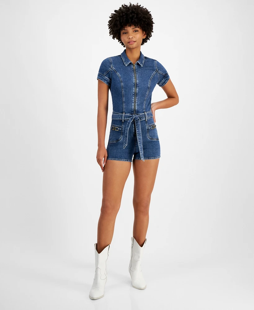 Guess Women's Deana Short-Sleeve Tie-Waist Denim Romper