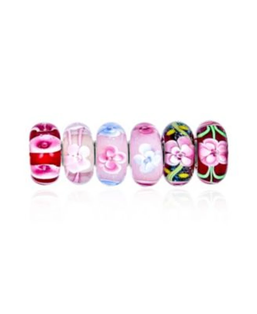 Bling Jewelry Mixed Set Of 6 Bundle .925 Sterling Silver Core Translucent Shades Of Red Pink Flower Rose Floral Murano Glass Charm Bead Spacer Fits European Bracelet For Women Teen
