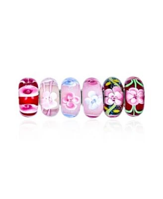 Bling Jewelry Mixed Set Of 6 Bundle .925 Sterling Silver Core Translucent Shades Of Red Pink Flower Rose Floral Murano Glass Charm Bead Spacer Fits European Bracelet For Women Teen