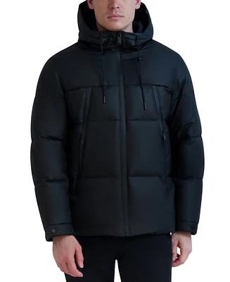 Karl Lagerfeld Men's Hooded Puffer with Elongated Zipper Pockets