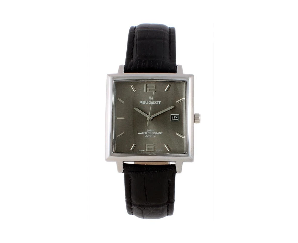 Peugeot Men's 35mm Gray Dial Square Watch with Black leather Strap