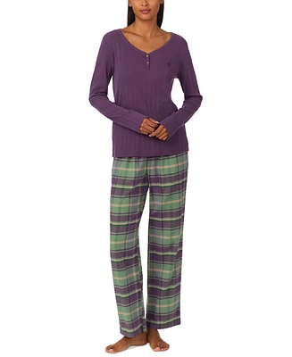 Lauren Ralph Women's 2-Pc. Long-Sleeve Henley Long Pants Pajama Set