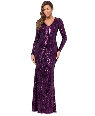 Xscape Women's Long-Sleeve Sequined V-Neck Gown