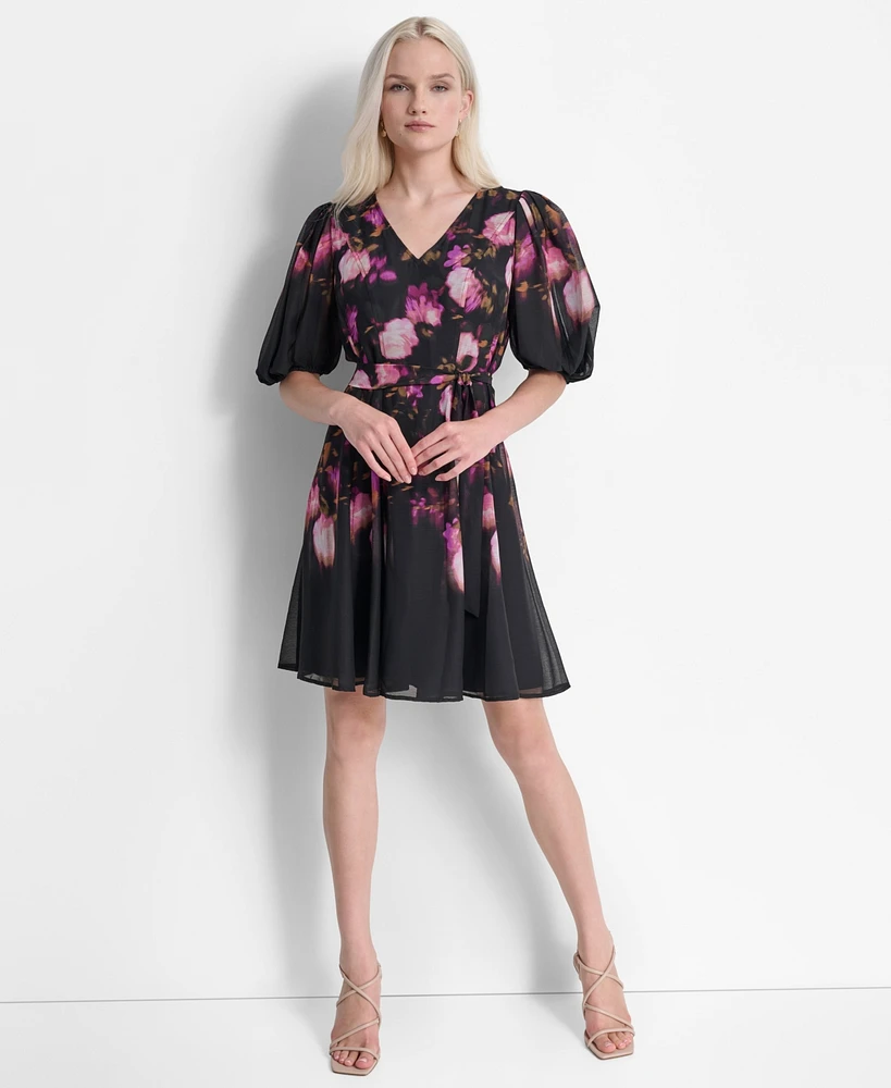 Dkny Women's Floral Tie-Waist Balloon-Sleeve Dress