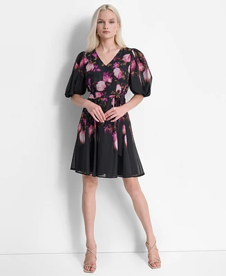 Dkny Women's Floral Tie-Waist Balloon-Sleeve Dress