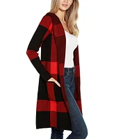 Belldini Women's Hooded Exploded Plaid Coatigan Sweater