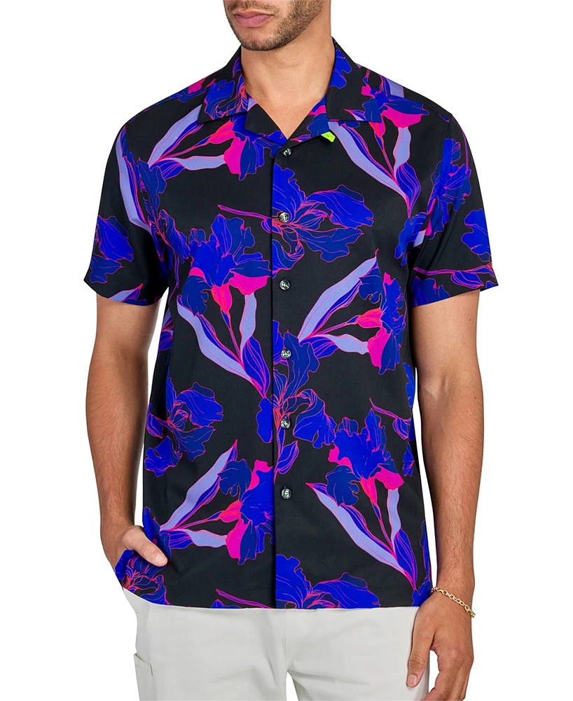 Society of Threads Men's Floral Print Short Sleeve Button-Front Performance Camp Shirt