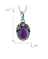 Bling Jewelry Southwest Purple Natural Turquoise Oval Leaf Feather Pendant Necklace For Women Sterling Silver