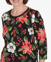 Alfred Dunner Petite Classics Poinsettia Classic Holiday Top