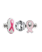 Bling Jewelry Breast Cancer Survivor Pink Ribbon Mix Set Of 3 Sterling Silver Spacer Bead Fits European Charm Bracelet For Women