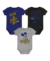 Outerstuff Baby Boys and Girls Purple/Black/Gray Baltimore Ravens Three-Piece Disney Game Time Bodysuit Set