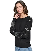 Karl Lagerfeld Paris Women's Rhinestone-Trim Crewneck Sweater