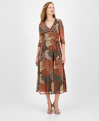 Jamie & Layla Petite 3/4-Sleeve Printed Faux-Wrap Midi Dress