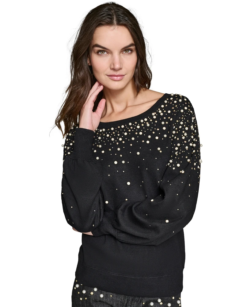 Karl Lagerfeld Paris Petite Pearl-Embellished Pullover Sweater