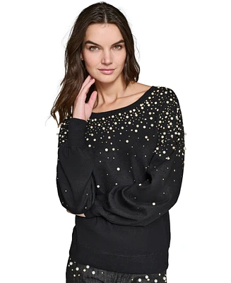 Karl Lagerfeld Paris Petite Pearl-Embellished Pullover Sweater