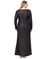 Xscape Plus Ruched Foil-Knit Long-Sleeve Gown