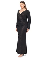 Xscape Plus Ruched Foil-Knit Long-Sleeve Gown