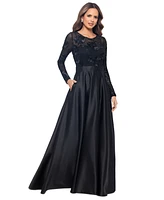 Betsy & Adam Petite Long-Sleeve Embellished Soutache Gown