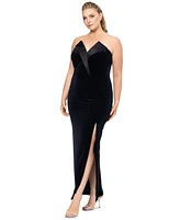 Betsy & Adam Plus Strapless Front-Slit Velvet Gown