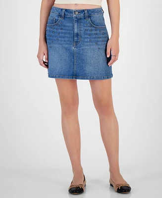 Tinseltown Juniors' Studded Denim Mini Skirt