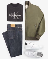 Calvin Klein Mens Logo Print Matte Bomber Jacket Classic Fit Monogram Logo Graphic T Shirt Slim Fit Stretch Jeans