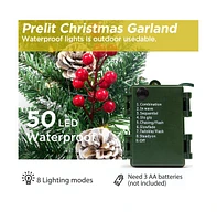 Cowin 9ft Christmas Garland Battery Operated Waterproof 50 Light 220 Branches Pine Cones and Berries