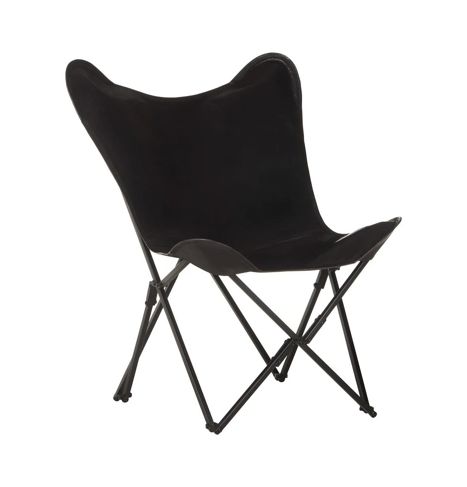 vidaXL Foldable Butterfly Chair Black Real Leather