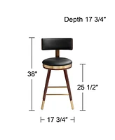 Studio 55D Parker Walnut Wood Gold Metal Bar Stool Brown 25 1/2" High Mid Century Modern Black Leather Upholstered with Backrest Footrest for Kitchen