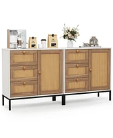 Gymax Set of 2 Rattan Sideboard Buffet Cabinet Accent Cabinet w/ 1 Door & 3 Drawers