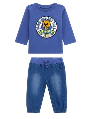 Guess Baby Boy Long Sleeve T-Shirt and Stretch Denim Bottom Set