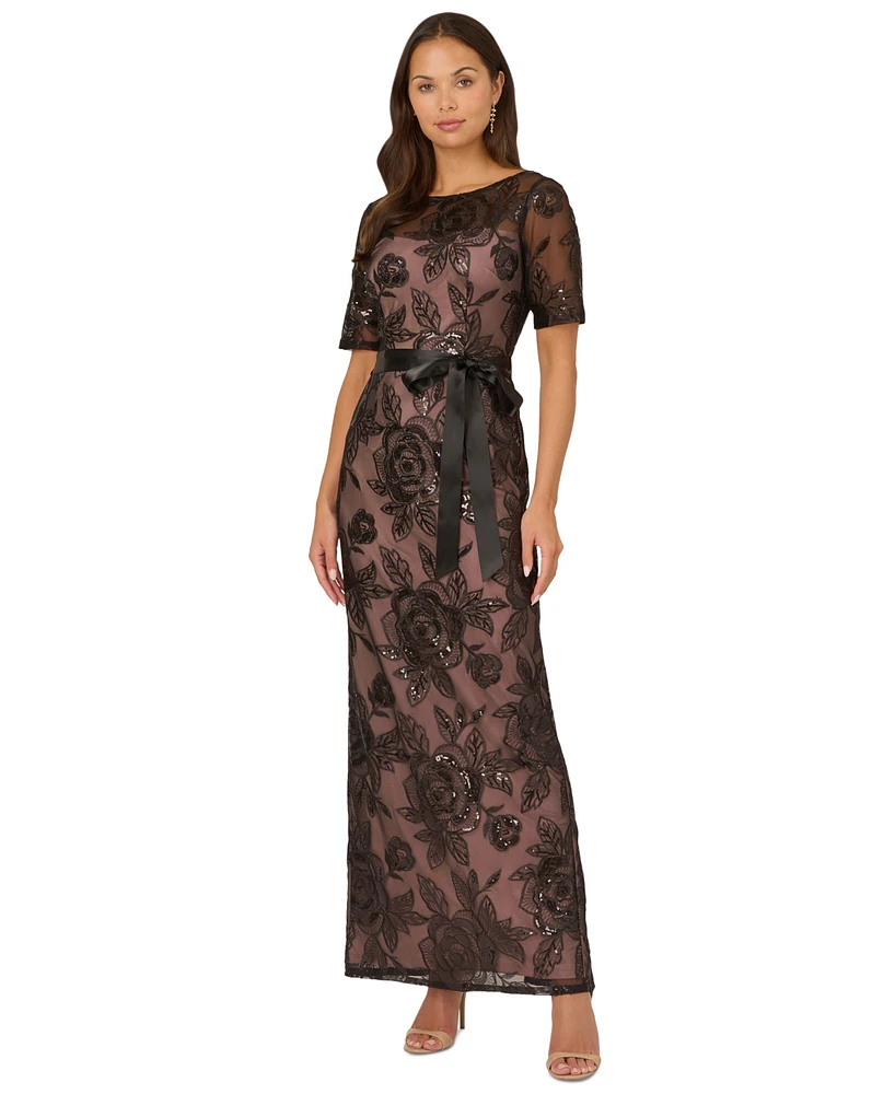 Adrianna Papell Women's Short-Sleeve Sequined Lace Gown