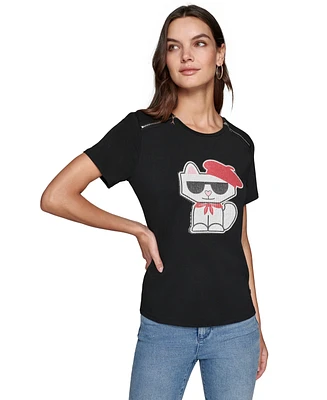 Karl Lagerfeld Paris Women's Choupette Beret Graphic T-Shirt