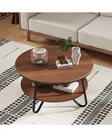 Givimo 33.5 Inch Round Coffee Table with Wood Grain Finish and Heavy-duty Metal Frame-Walnut