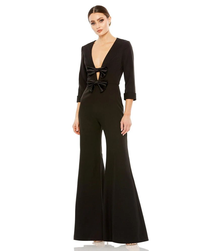 Mac Duggal Women's Long Sleeve Bow Detail Wide Leg Jumpsuit