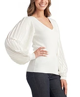 Bcx Juniors' V-Neck Rib-Knit Pleat-Sleeve Sweater