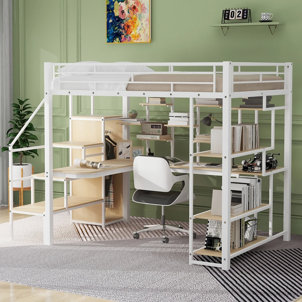 Simplie Fun Metal Loft Bed with Staircase, Wardrobe, Desk, & Shelves