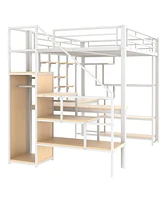 Streamdale Furniture Metal Loft Bed with Staircase, Wardrobe, Desk, & Shelves